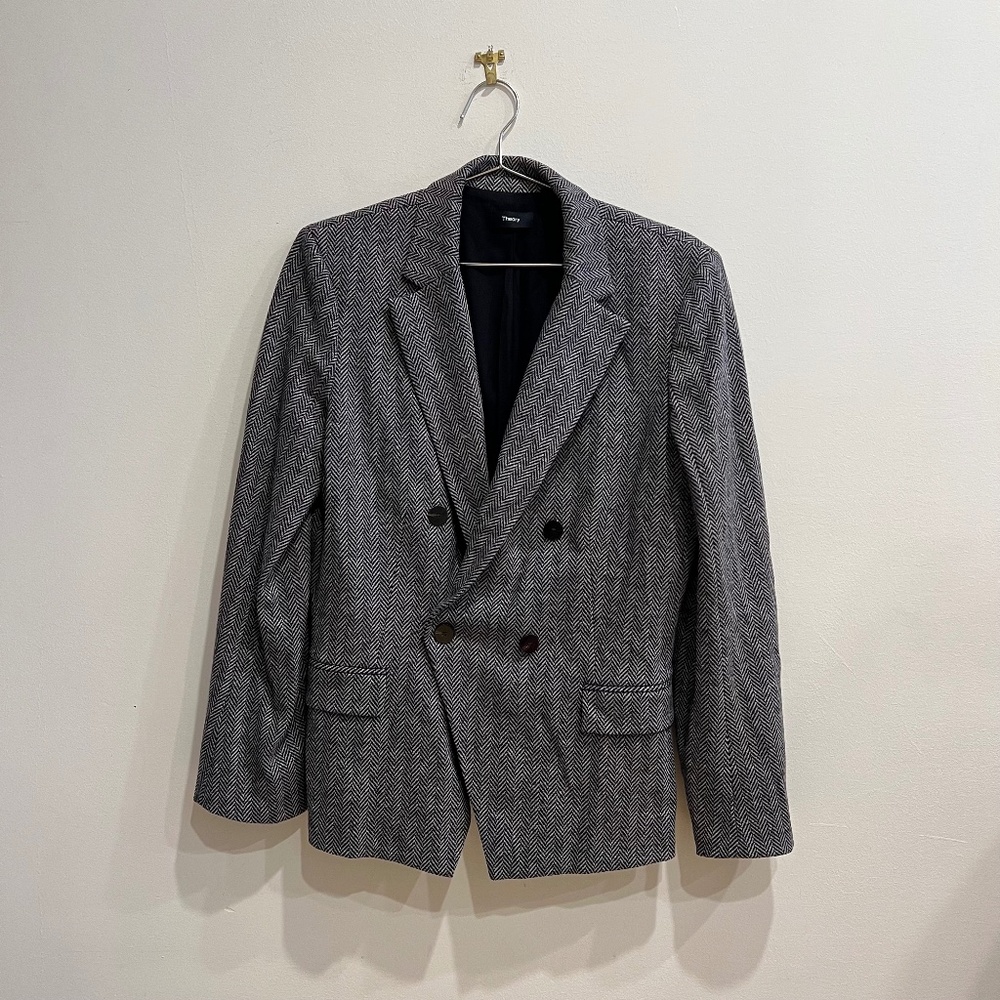 Theory Double Breasted Herringbone Blazer Gray Wool Size 12